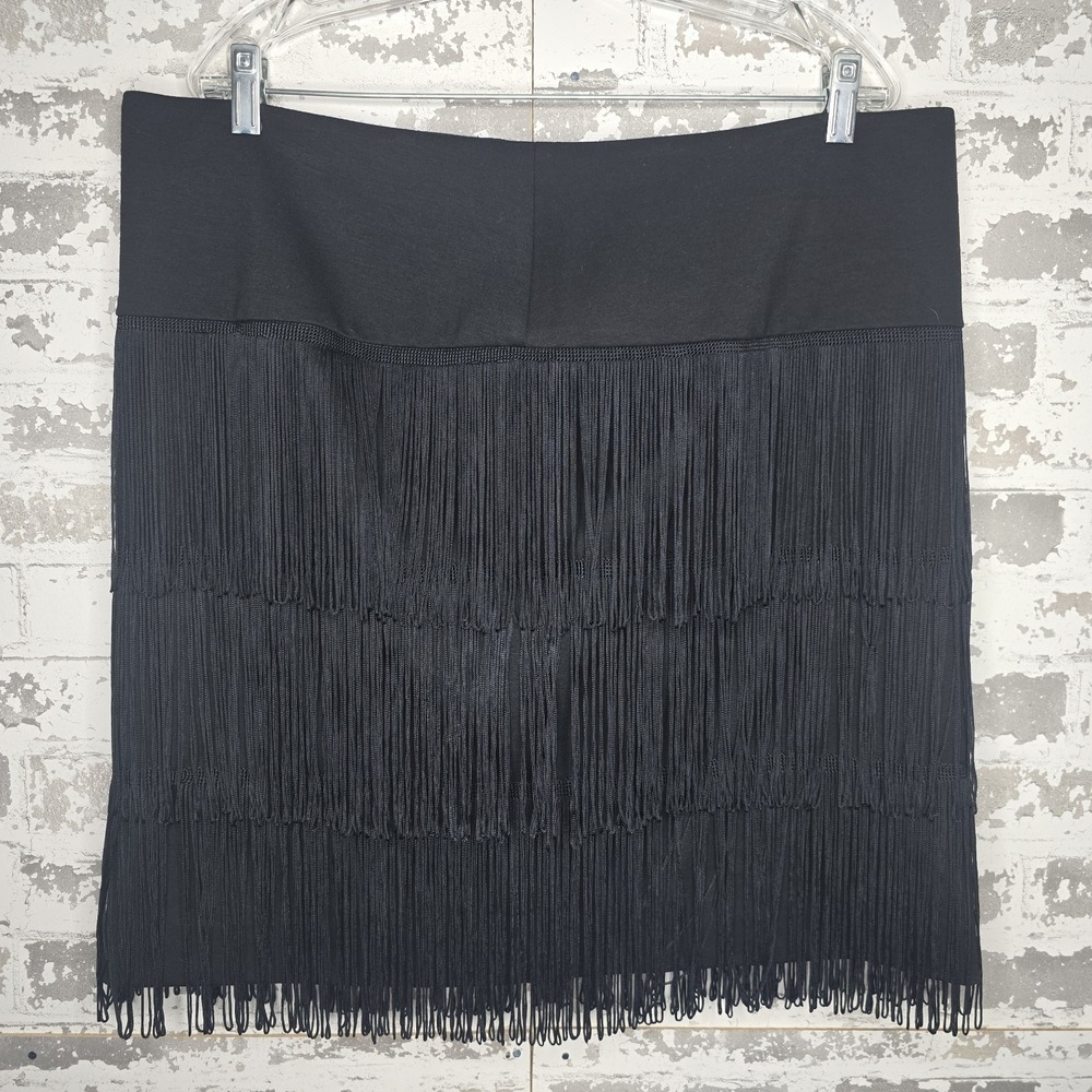 Naeem Khan Skirt Womens 16 Black Fringed Heavyweight Zipper Designer Fashion